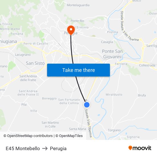 E45 Montebello to Perugia map