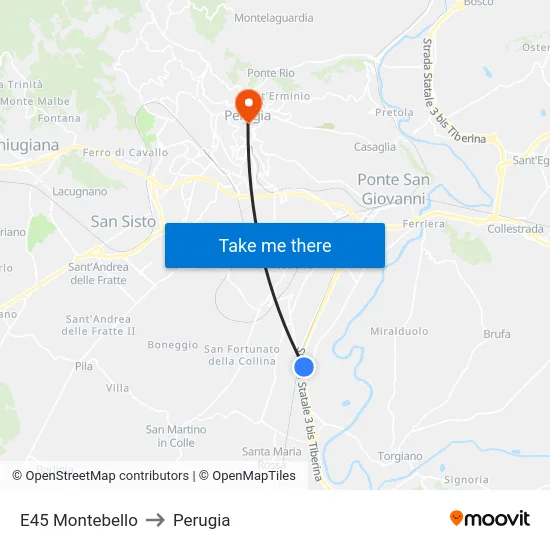 E45 Montebello to Perugia map