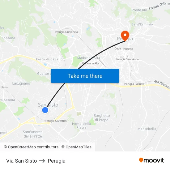 Via San Sisto to Perugia map