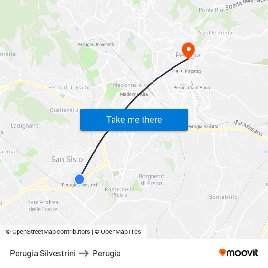 Perugia Silvestrini to Perugia map