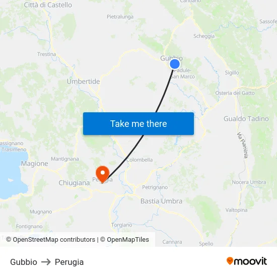 Gubbio to Perugia map