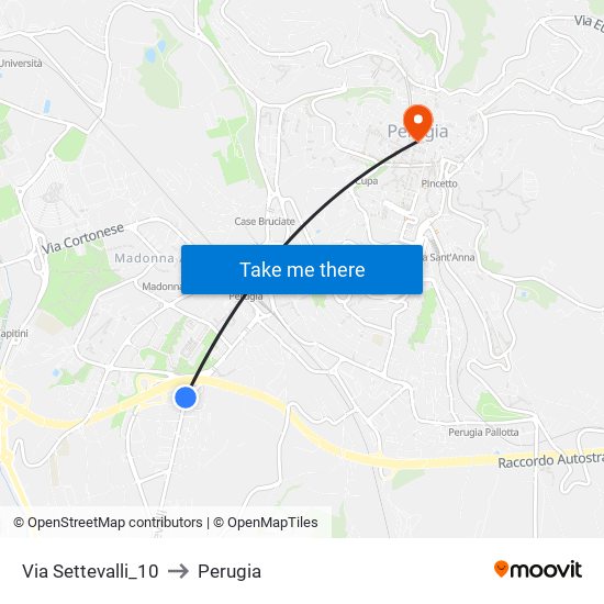 Via Settevalli 10 to Perugia map