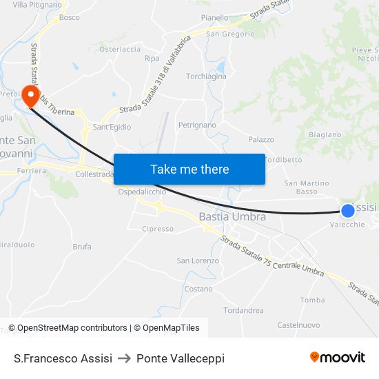 S.Francesco Assisi to Ponte Valleceppi map