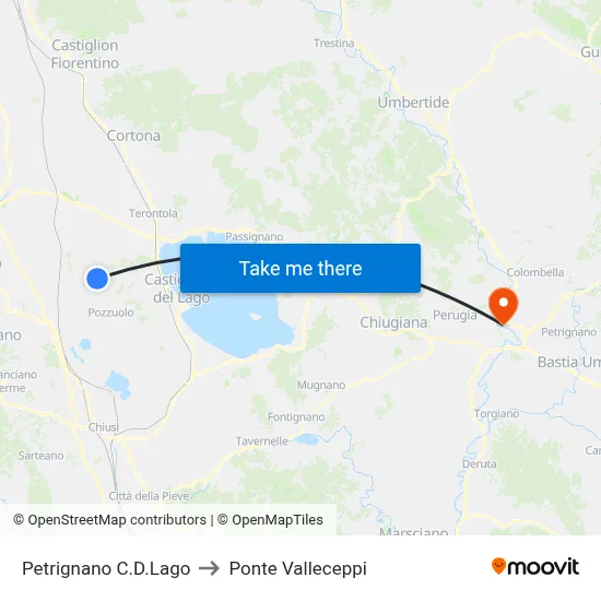 Petrignano Castiglione del Lago to Valleceppi Bridge map