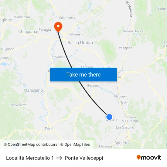 Mercatello Location 1 to Valleceppi Bridge map