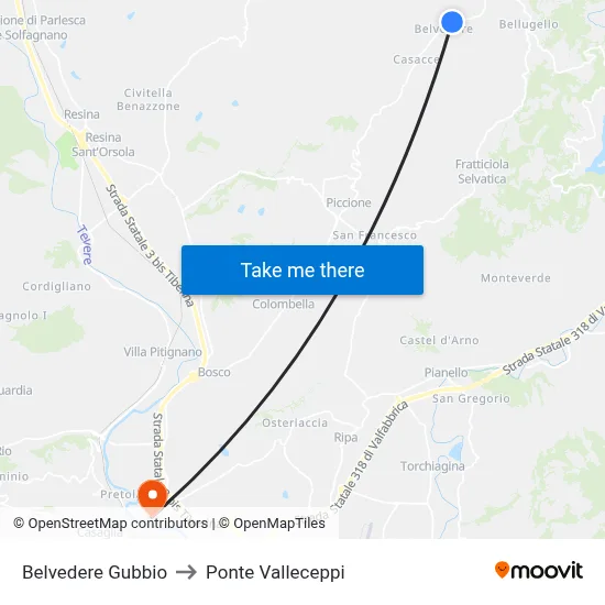 Gubbio Viewpoint to Valleceppi Bridge map