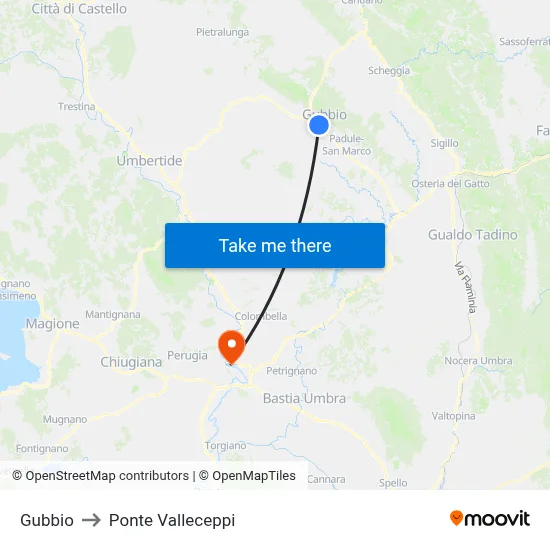 Gubbio to Ponte Valleceppi map