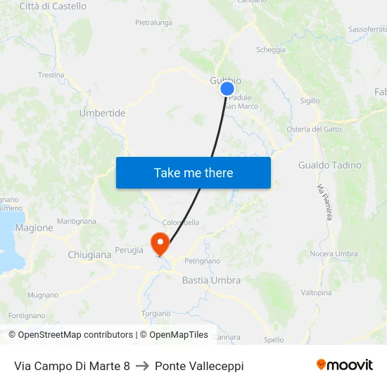 Via Campo Di Marte 8 to Ponte Valleceppi map