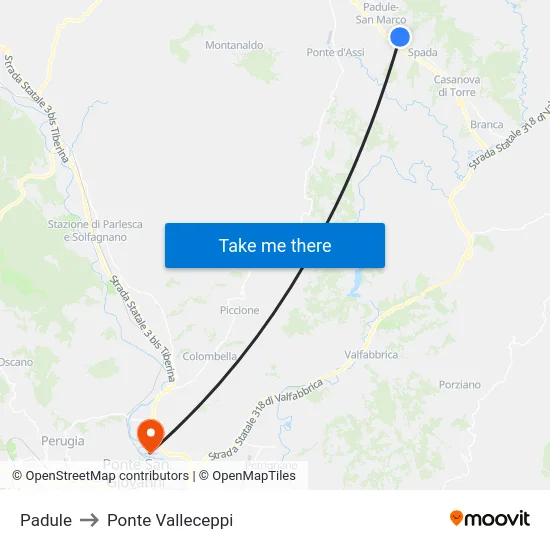 Padule to Ponte Valleceppi map