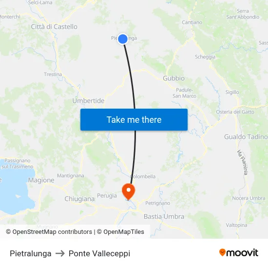 Pietralunga to Valleceppi Bridge map