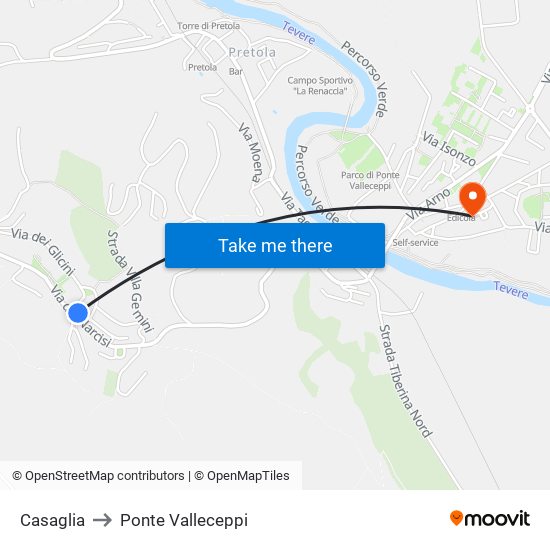 Casaglia to Ponte Valleceppi map