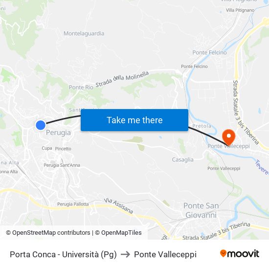 Porta Conca - Università (Pg) to Ponte Valleceppi map
