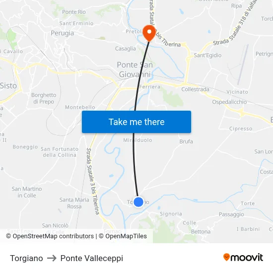 Torgiano to Valleceppi Bridge map