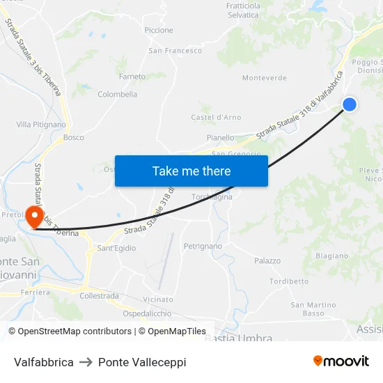 Valfabbrica to Ponte Valleceppi map