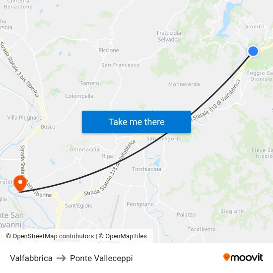 Valfabbrica to Valleceppi Bridge map