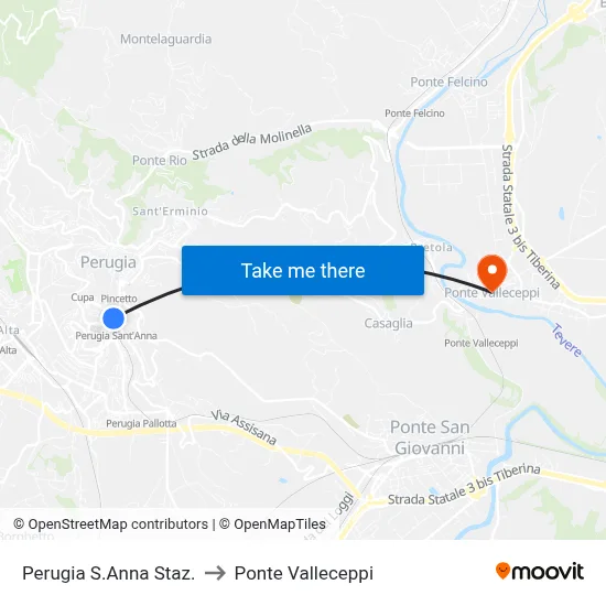 Perugia Saint Anna Station to Valleceppi Bridge map