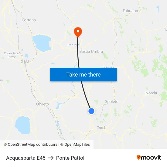 Acquasparta E45 to Ponte Pattoli map