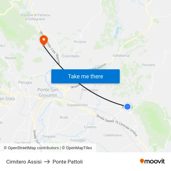 Cimitero Assisi to Ponte Pattoli map