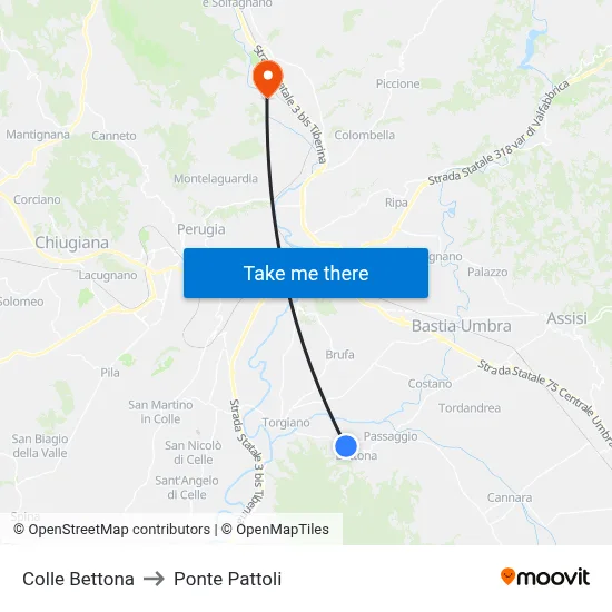 Colle Bettona to Pattoli Bridge map