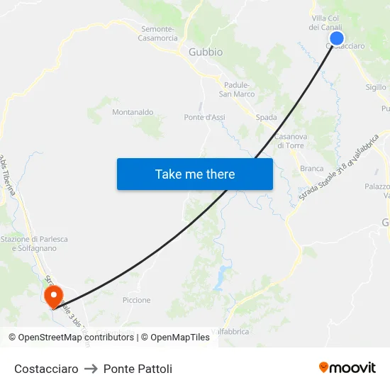 Costacciaro to Pattoli Bridge map