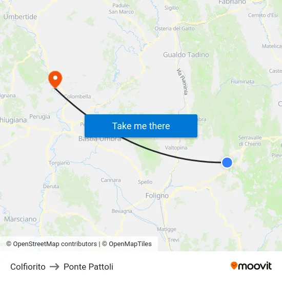 Colfiorito to Ponte Pattoli map