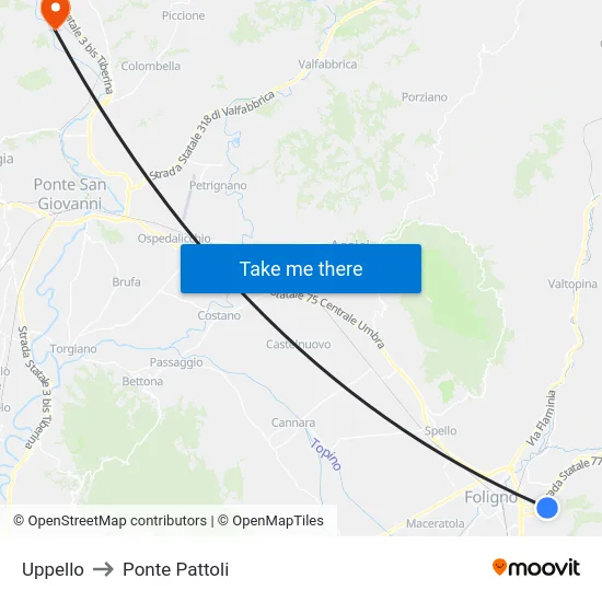 Uppello to Ponte Pattoli map