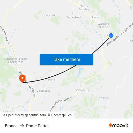 Branca to Ponte Pattoli map
