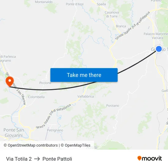 Via Totila 2 to Ponte Pattoli map