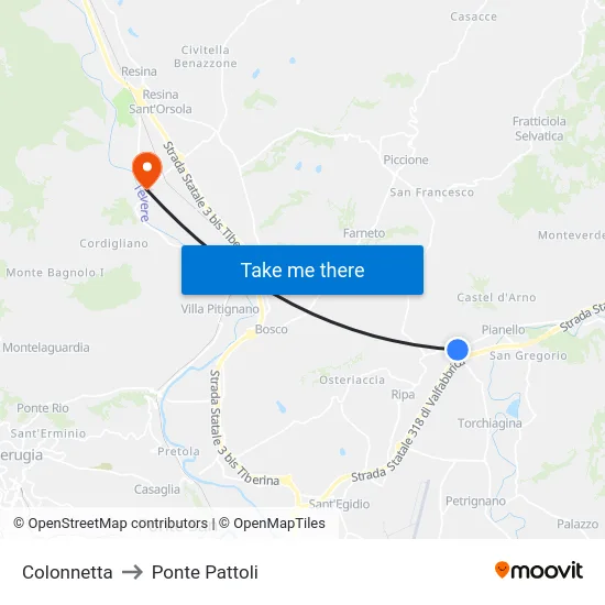 Colonnetta to Ponte Pattoli map