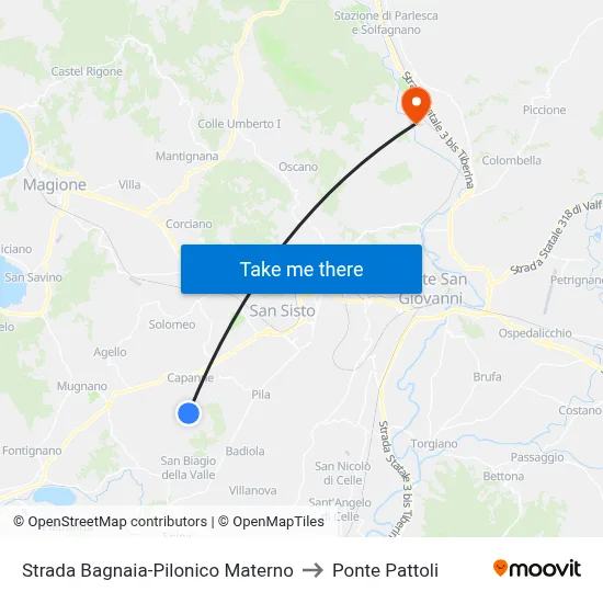 Bagnaia-Pilonico Materno Road to Pattoli Bridge map