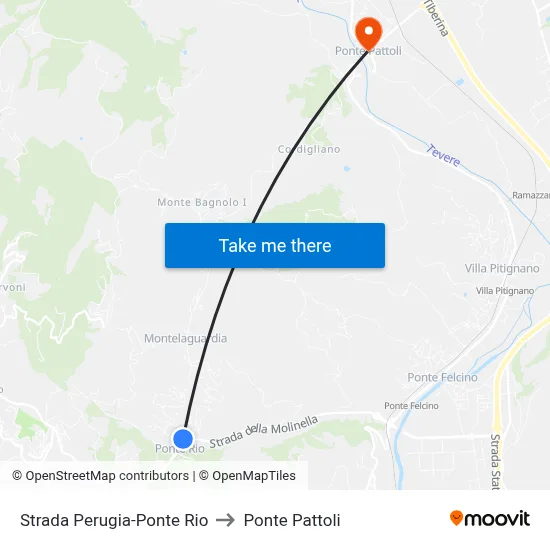 Perugia-Ponte Rio Road to Pattoli Bridge map