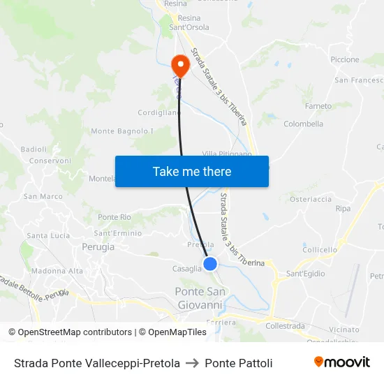 Ponte Valleceppi-Pretola Road to Pattoli Bridge map