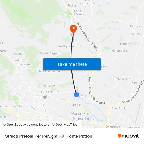 Strada Pretola Per Perugia to Ponte Pattoli map