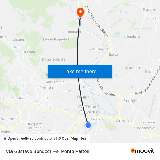 Via Gustavo Benucci to Ponte Pattoli map