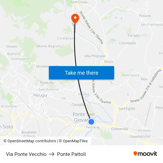 Via Ponte Vecchio to Ponte Pattoli map