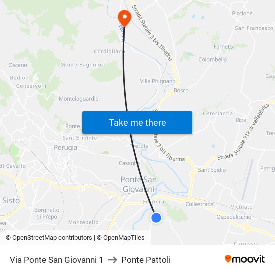 Via Ponte San Giovanni 1 to Ponte Pattoli map