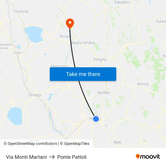 Via Monti Martani to Ponte Pattoli map