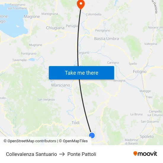 Collevalenza Santuario to Ponte Pattoli map