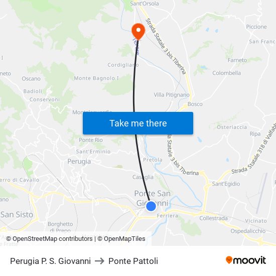 Perugia P. S. Giovanni to Ponte Pattoli map