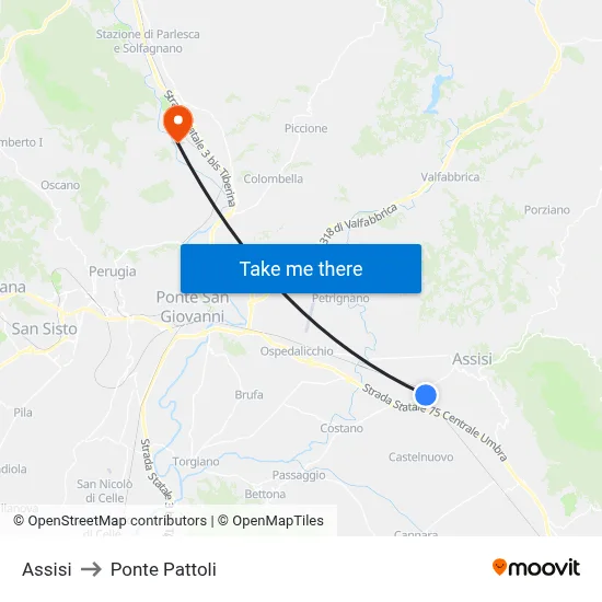 Assisi to Ponte Pattoli map