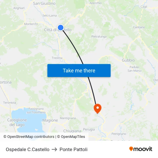 Città di Castello Hospital to Pattoli Bridge map