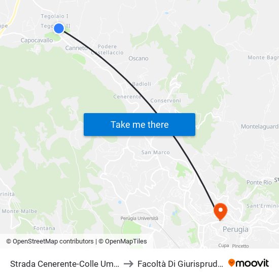Strada Cenerente-Colle Umberto to Facoltà Di Giurisprudenza map