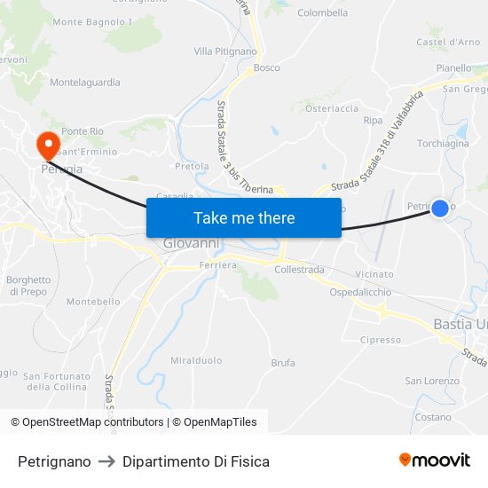 Petrignano to Dipartimento Di Fisica map