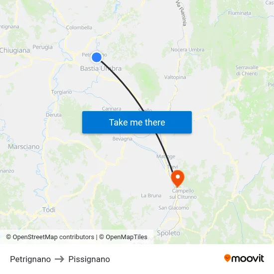 Petrignano to Pissignano map