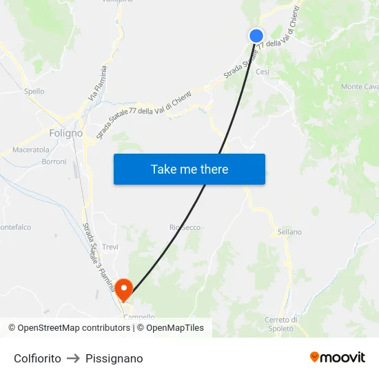 Colfiorito to Pissignano map