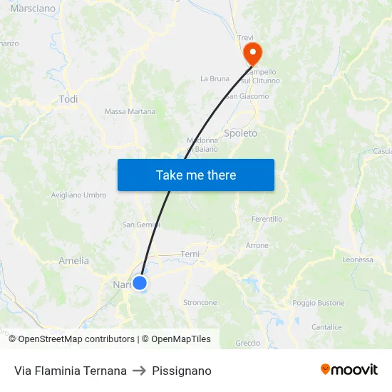 Via Flaminia Ternana to Pissignano map