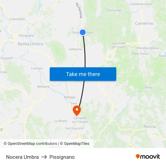 Nocera Umbra to Pissignano map
