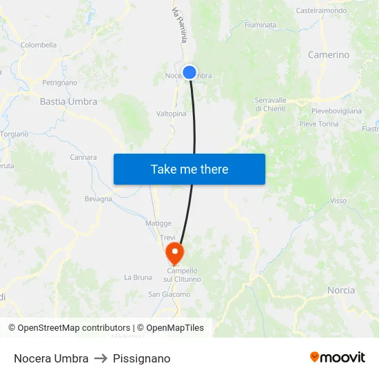Nocera Umbra to Pissignano map