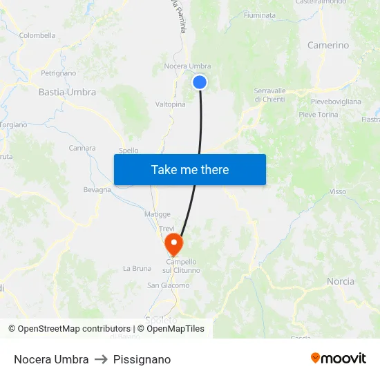 Nocera Umbra to Pissignano map