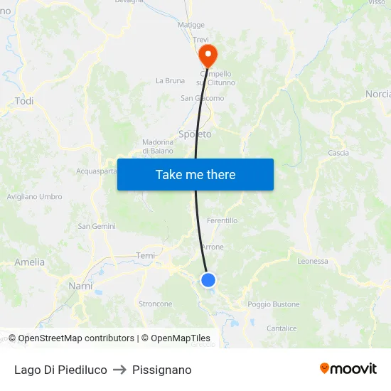 Lake Piediluco to Pissignano map